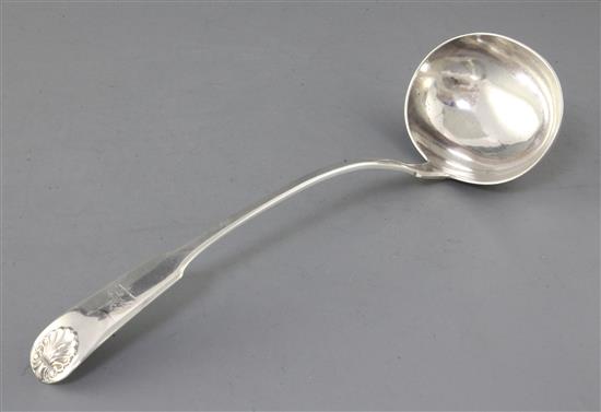A Victorian provincial silver fiddle and shell pattern soup ladle, by John Walton, 8.5 oz.